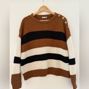Dex Striped Sweater with button shoulder detail, size medium.